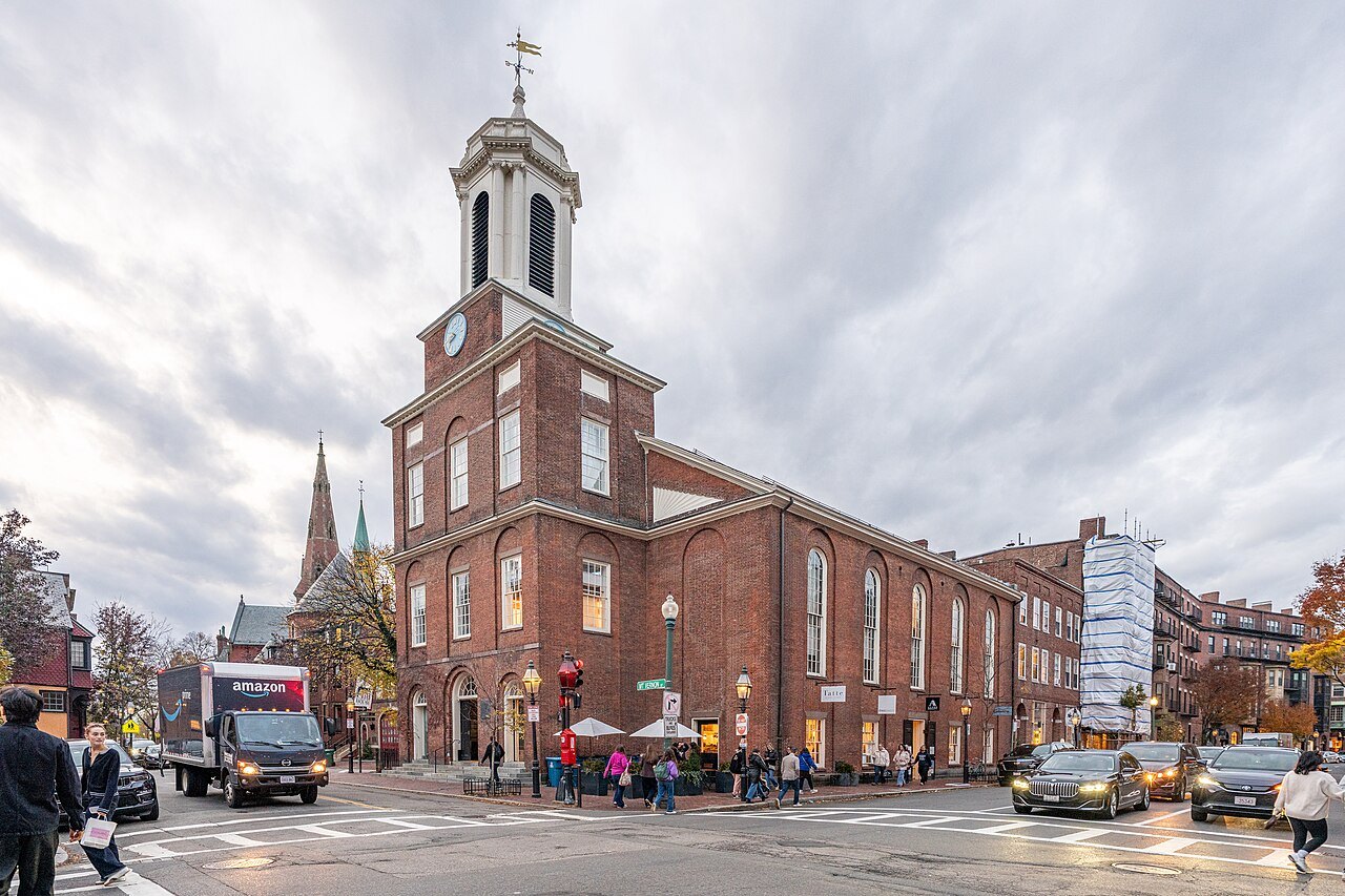 The Charles Street Meeting House at the foot of Beacon Hill, its white cupola over the brick front