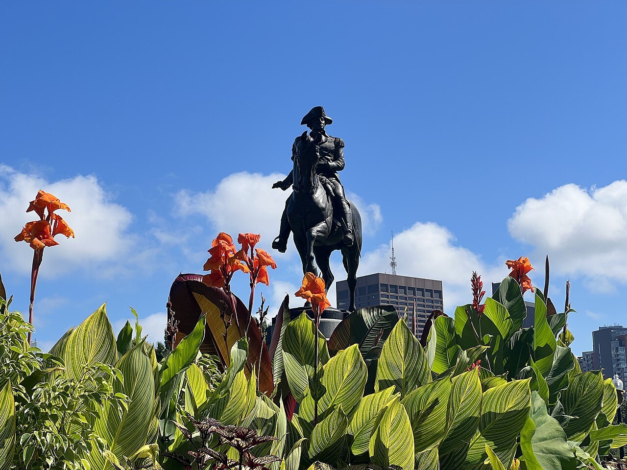 The equestrian statue of George Washington rising over the flower beds of the Public Garden