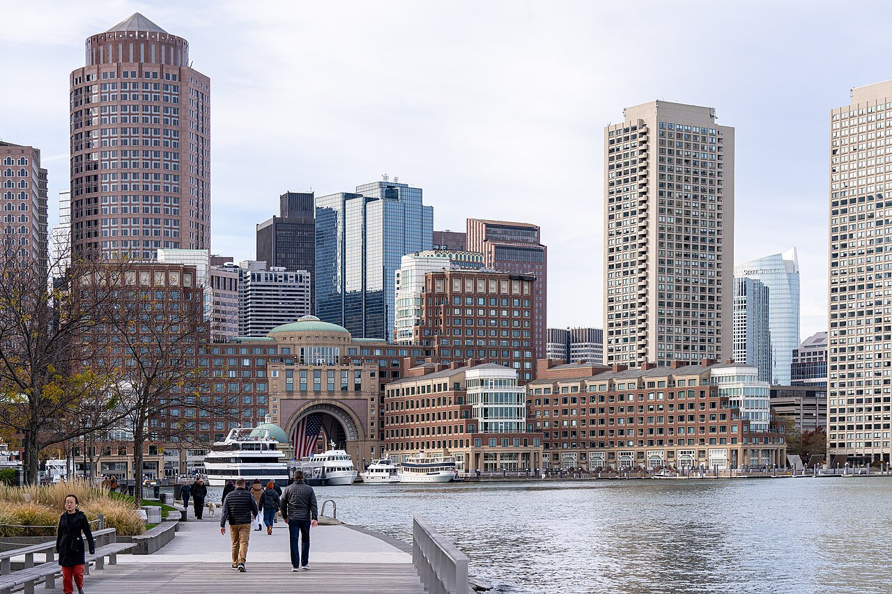 The great arch of Rowes Wharf on the harbor, with the Financial District towers behind