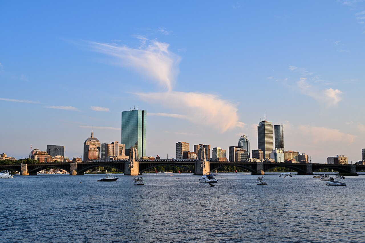 The Boston skyline and the Longfellow Bridge across the Charles from the Cambridge bank
