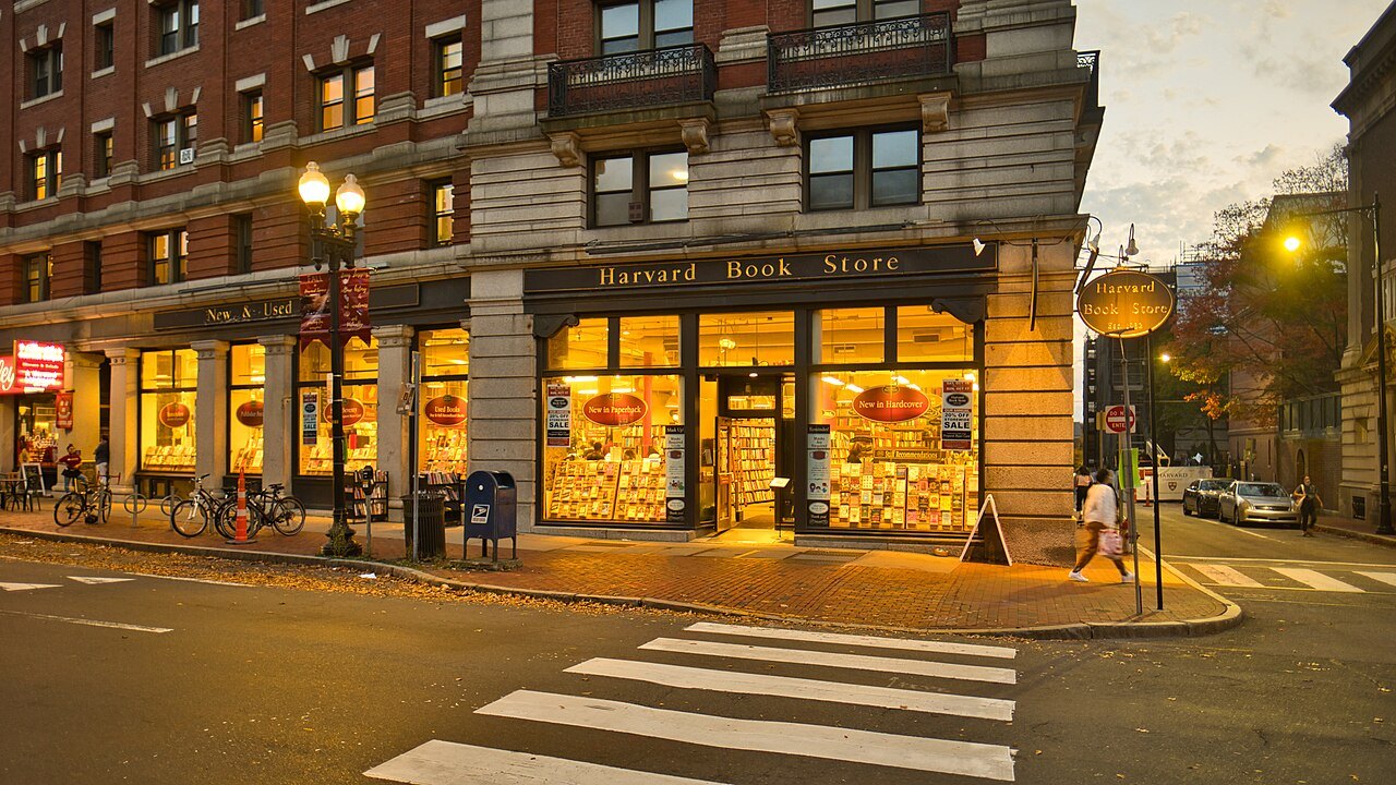 The lit windows of the Harvard Book Store at dusk
