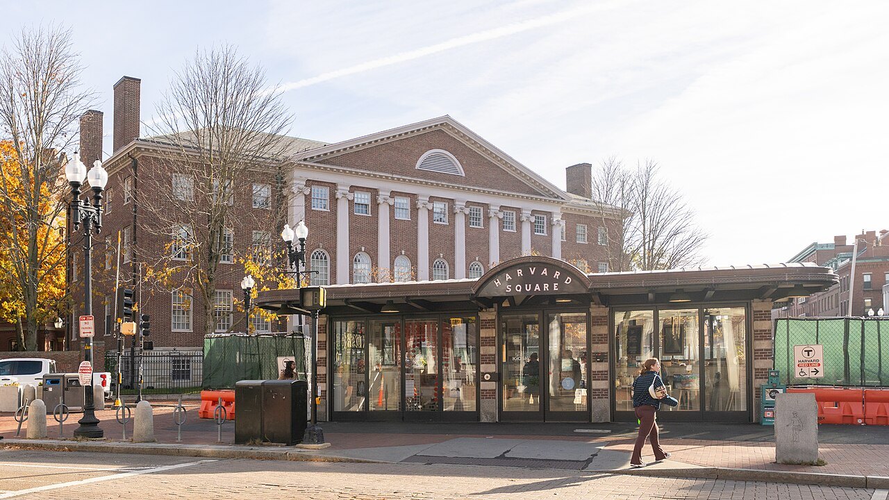 The old kiosk in the middle of Harvard Square, Harvard's brick buildings behind