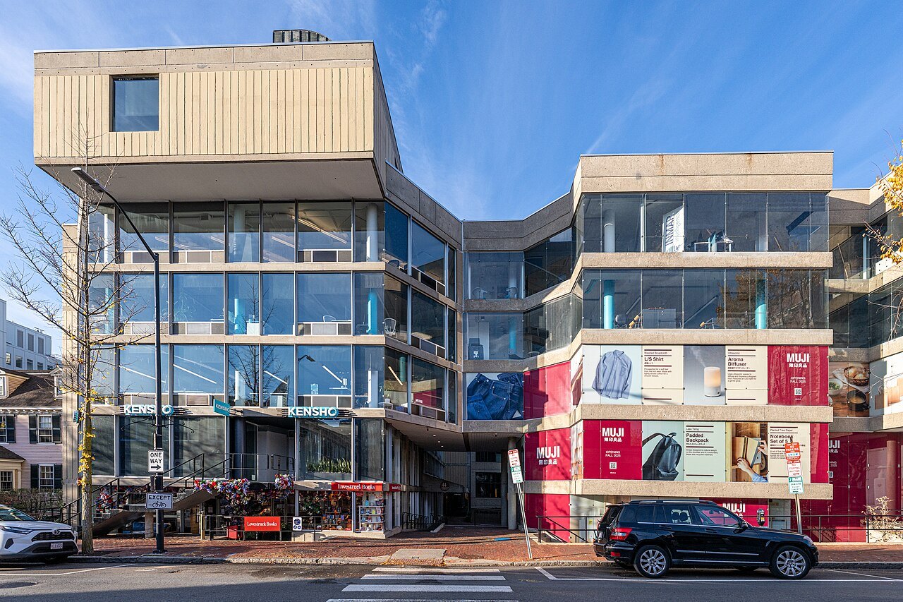 A modern building of glass and colored panels at 48 Brattle Street