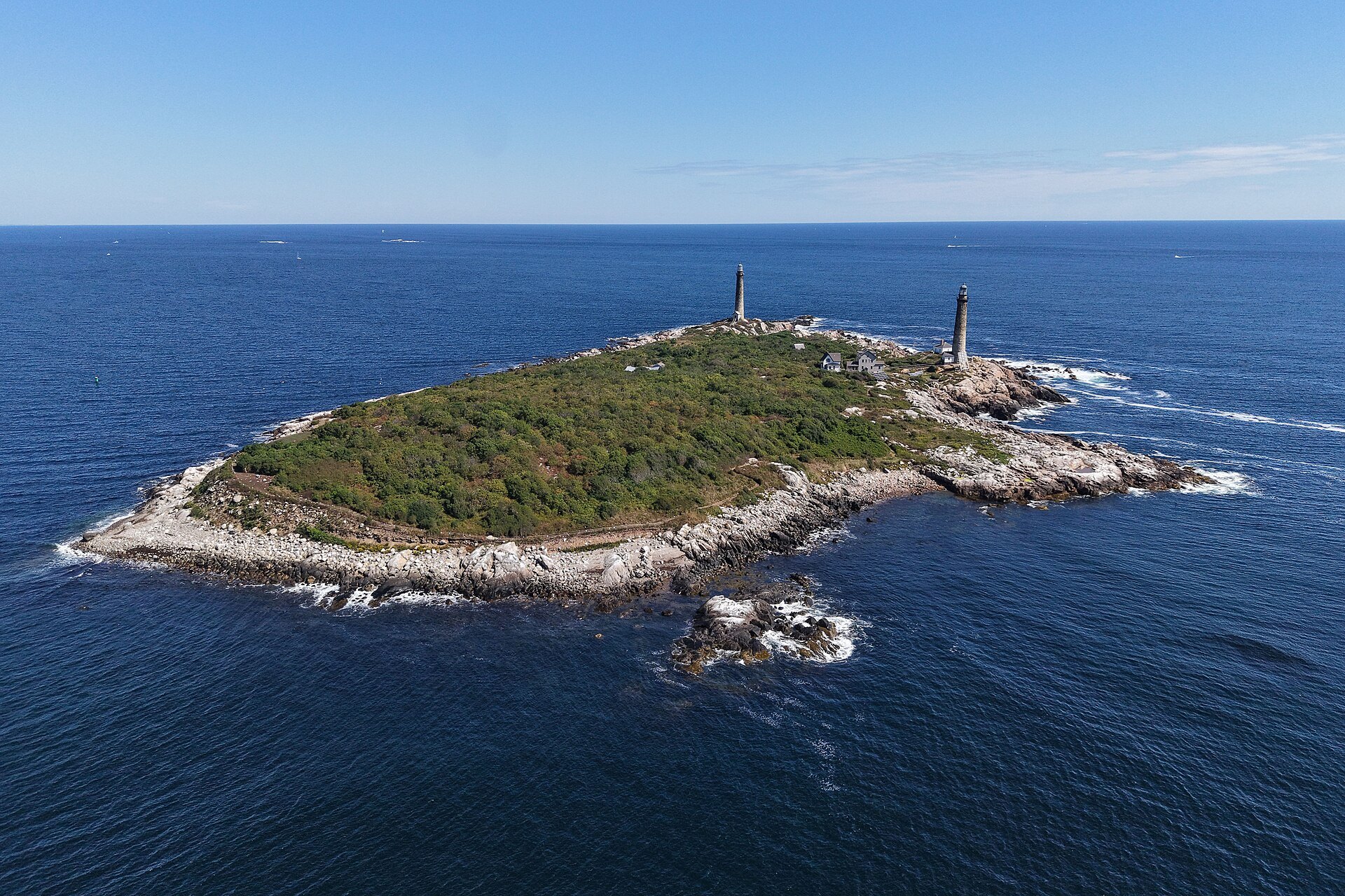 Thacher Island off Rockport, its twin lighthouses rising above the rocks in the open Atlantic