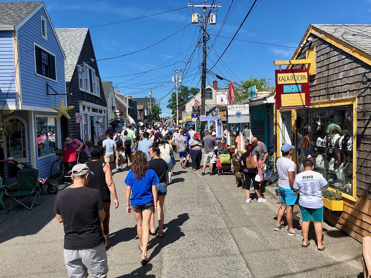 Summer crowds on Bearskin Neck, the narrow street of old shacks turned shops in Rockport