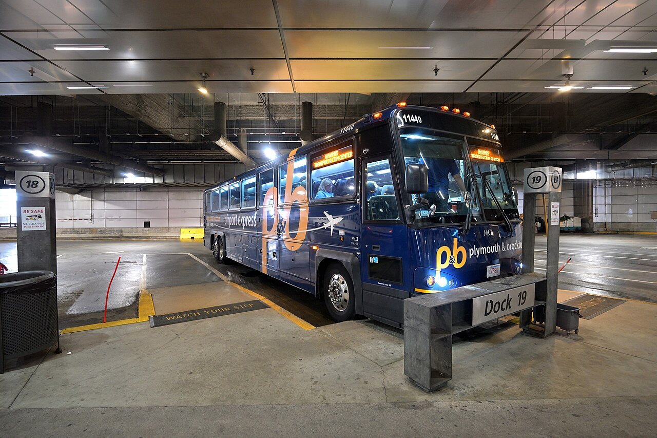 A Plymouth and Brockton coach at its bay in the South Station bus terminal