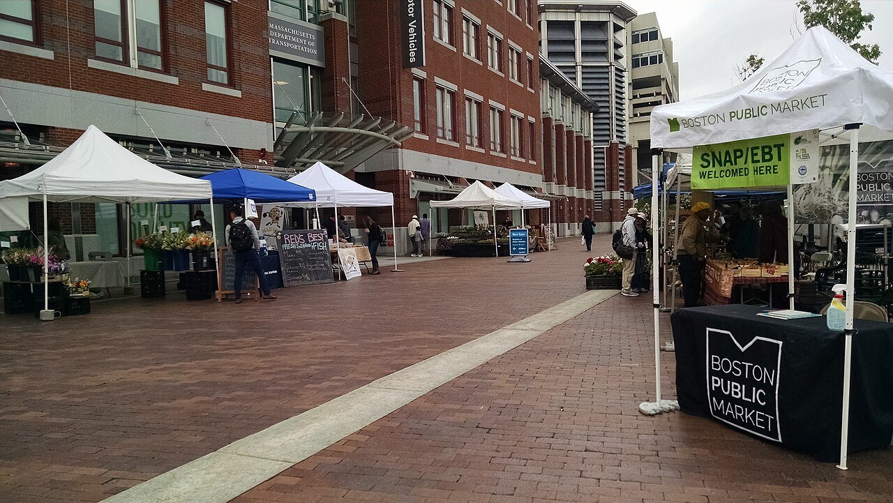 Farm stands on the plaza of the Boston Public Market