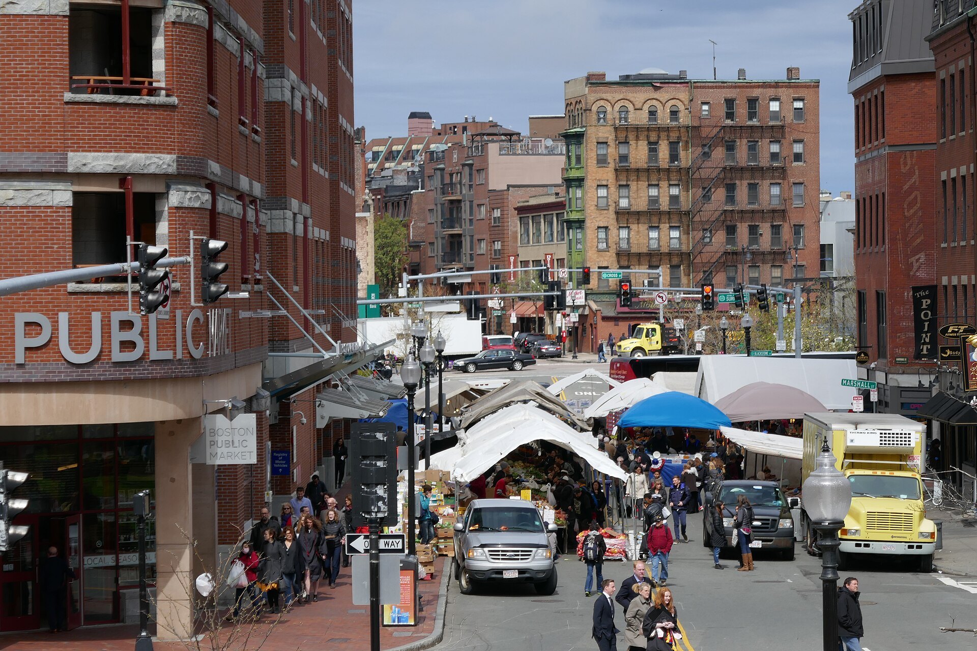 Market stalls on Hanover Street by Haymarket and the Boston Public Market