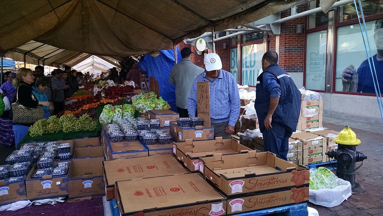 Pushcart vendors' produce stacked in crates at Haymarket