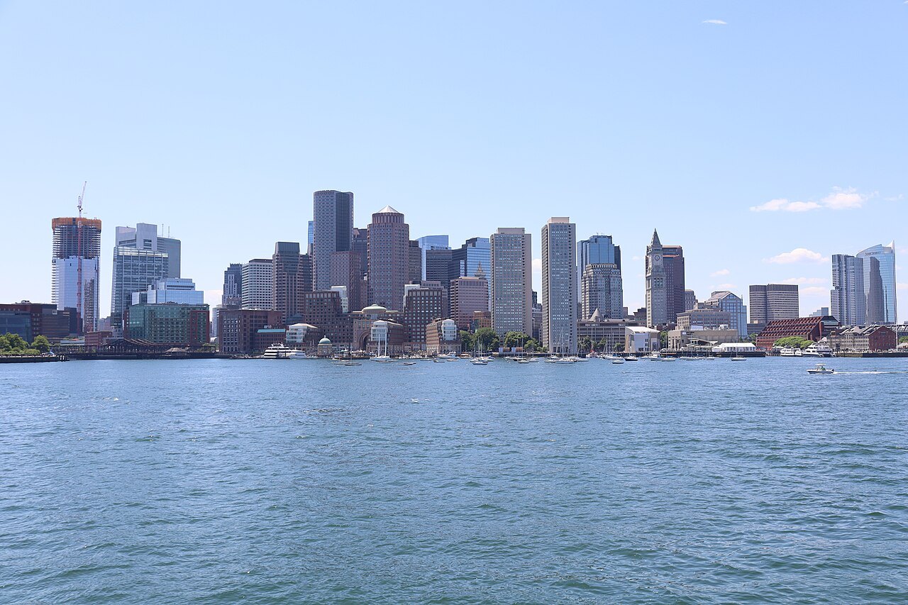 Downtown Boston across the harbor from the deck of the Salem ferry