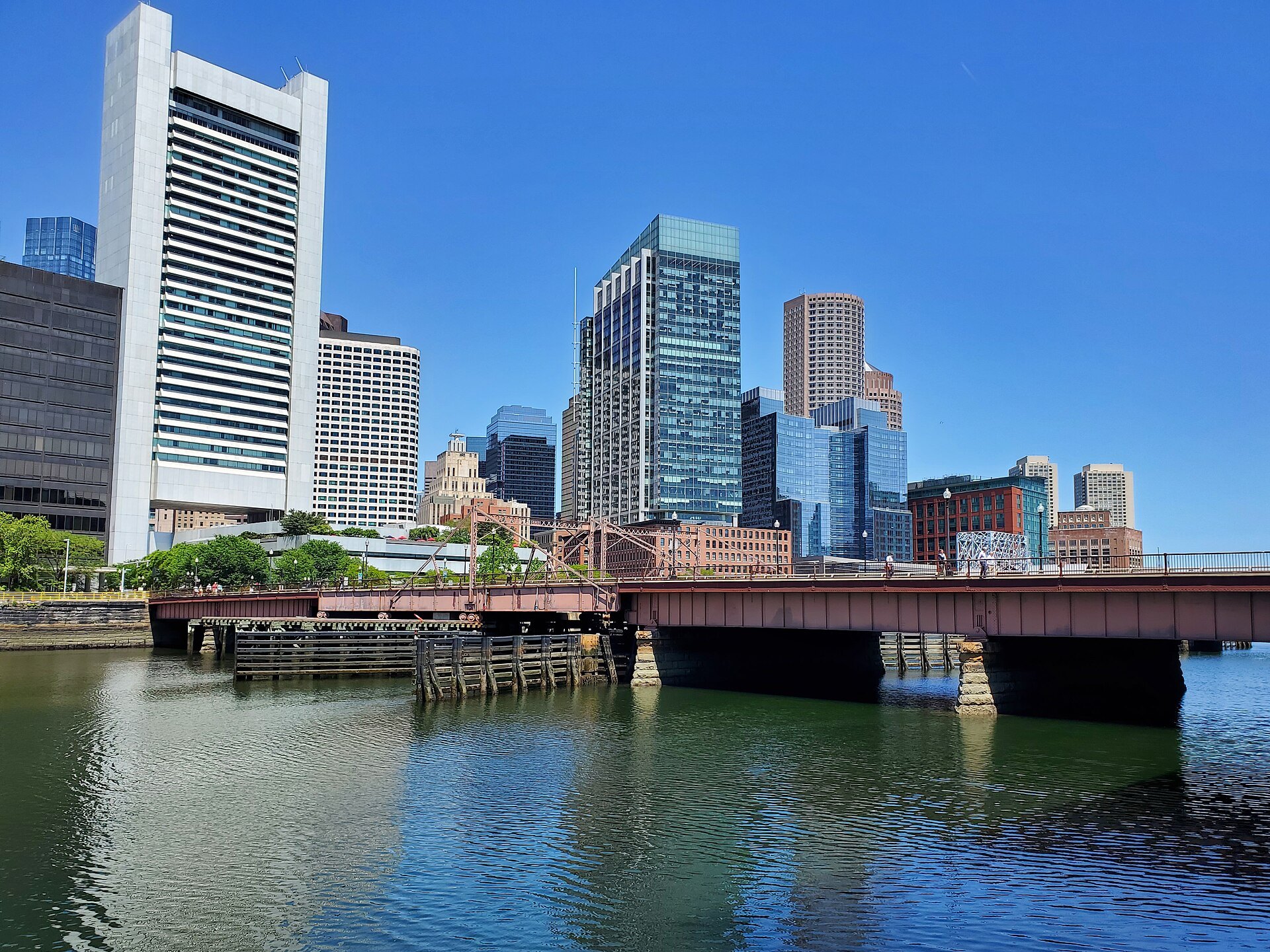 The towers of the Financial District above Fort Point Channel and the Summer Street Bridge
