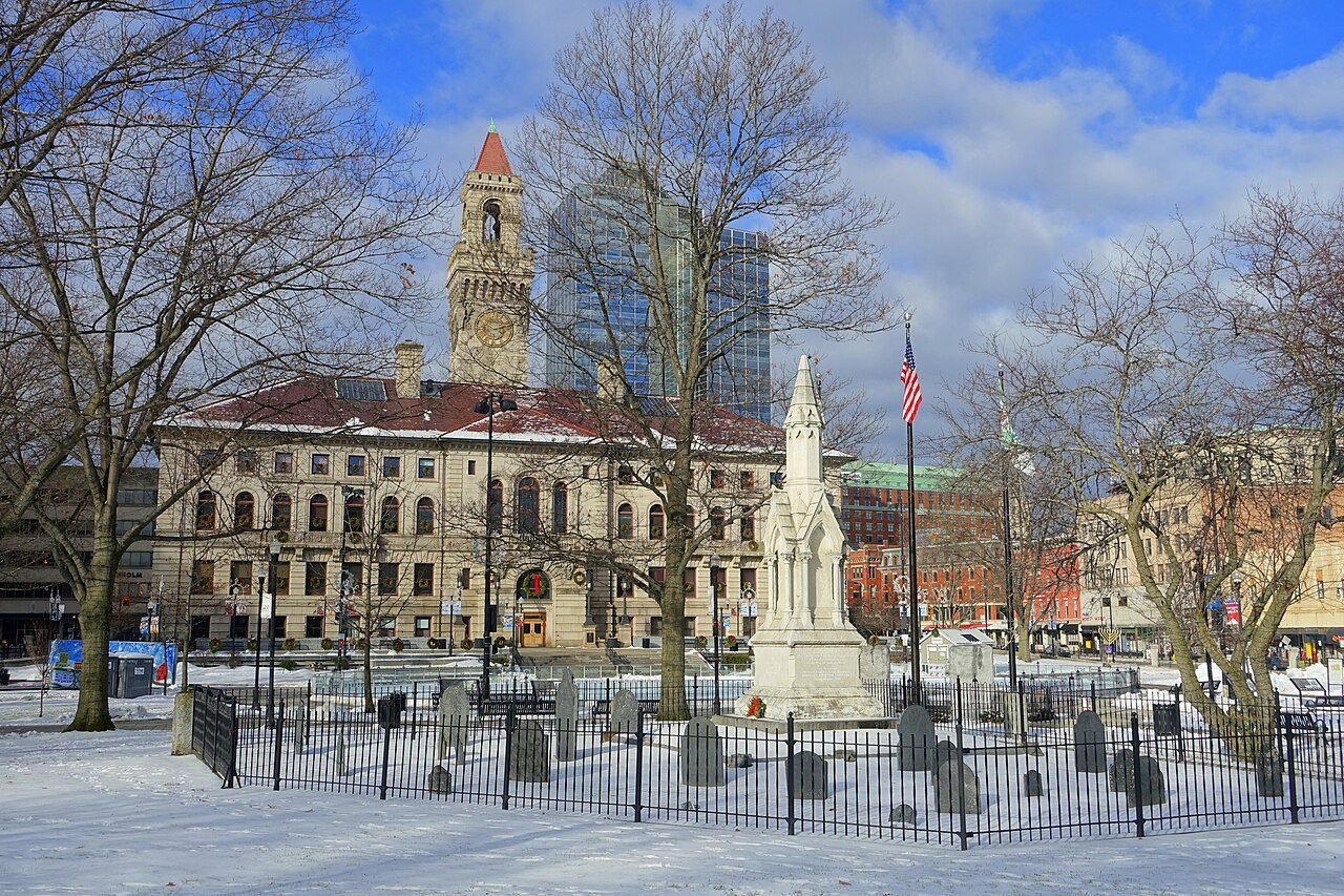 The Bigelow monument before Worcester City Hall under snow