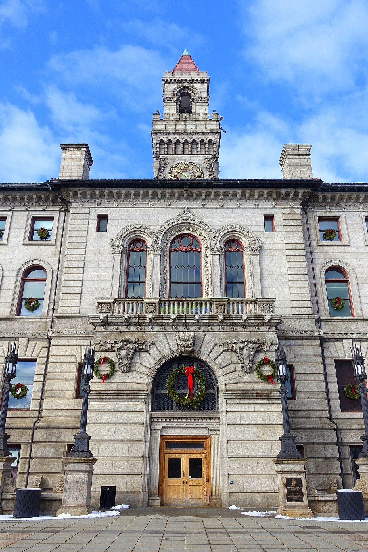 The clock tower over the doorway of Worcester City Hall