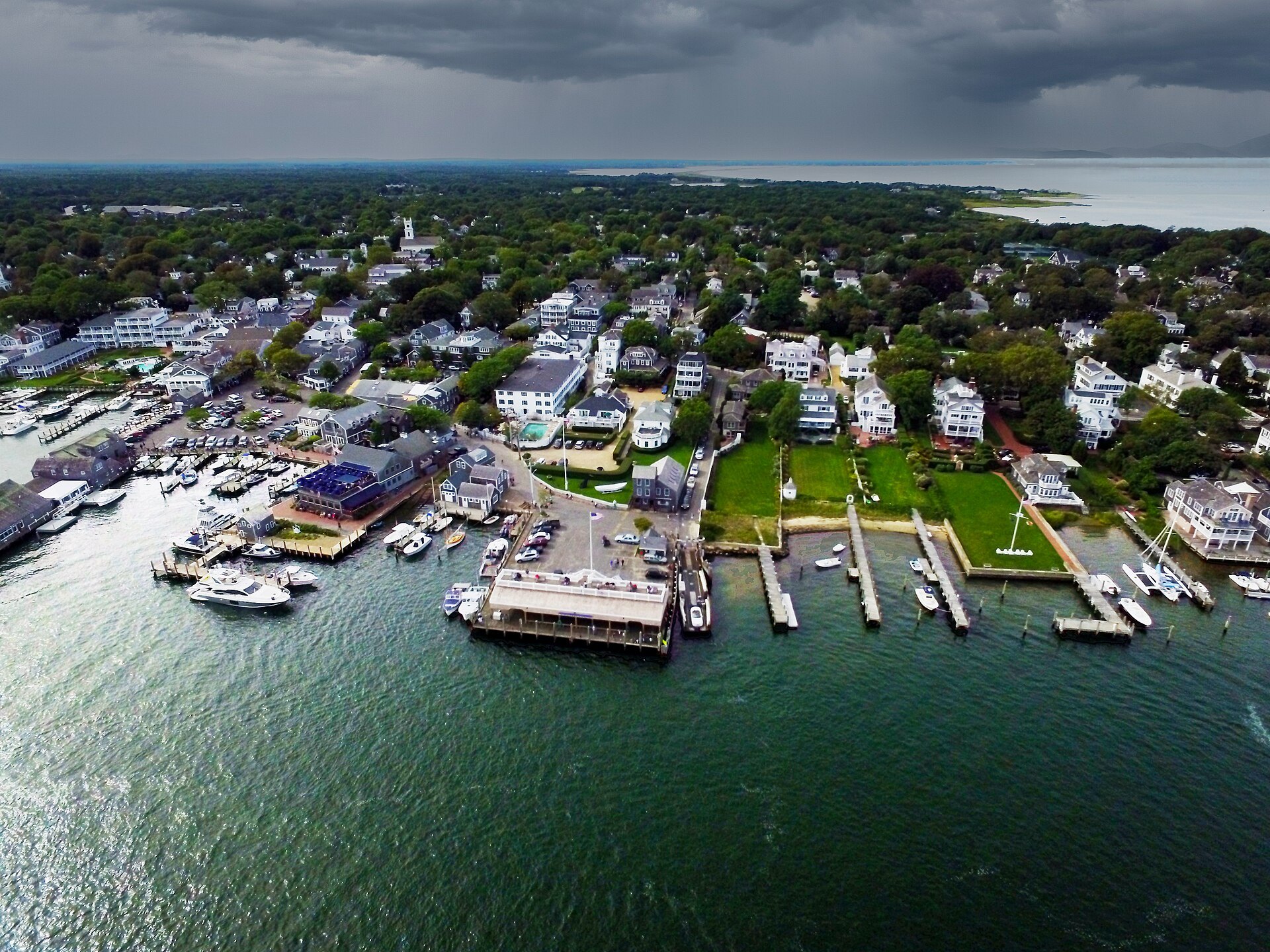 Edgartown harbor and its wharves from the air on Martha's Vineyard
