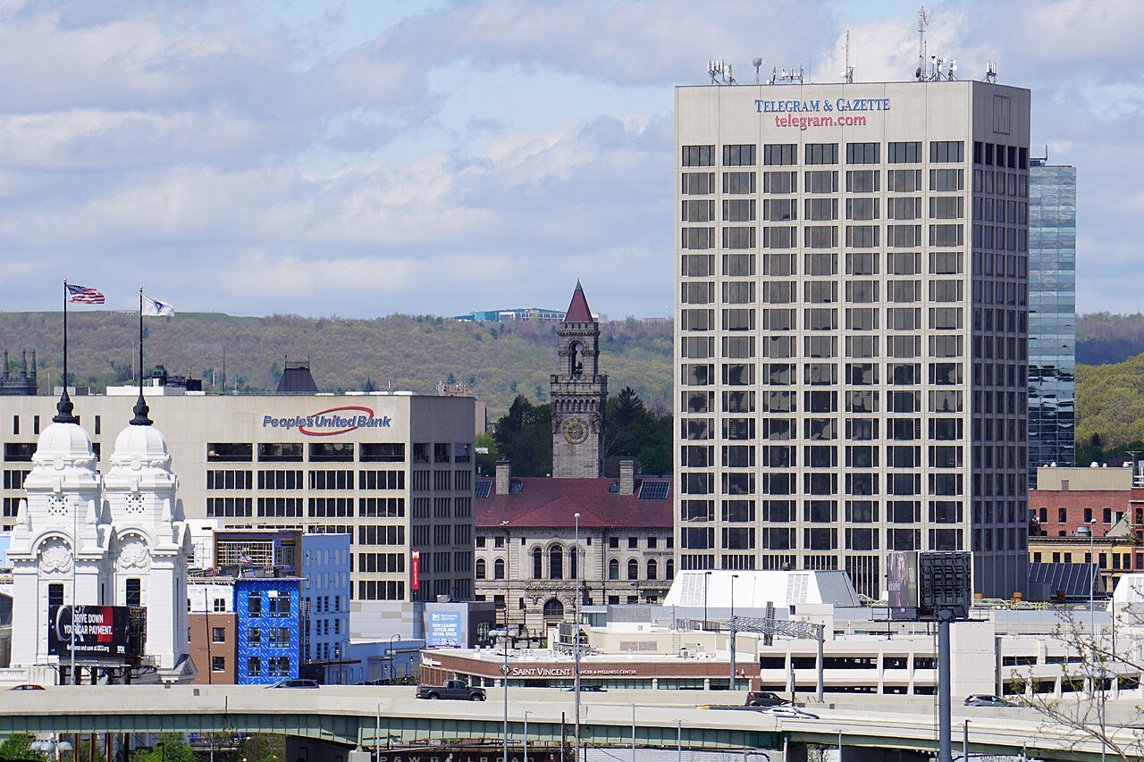 Downtown Worcester's towers and church spires beyond the rooftops