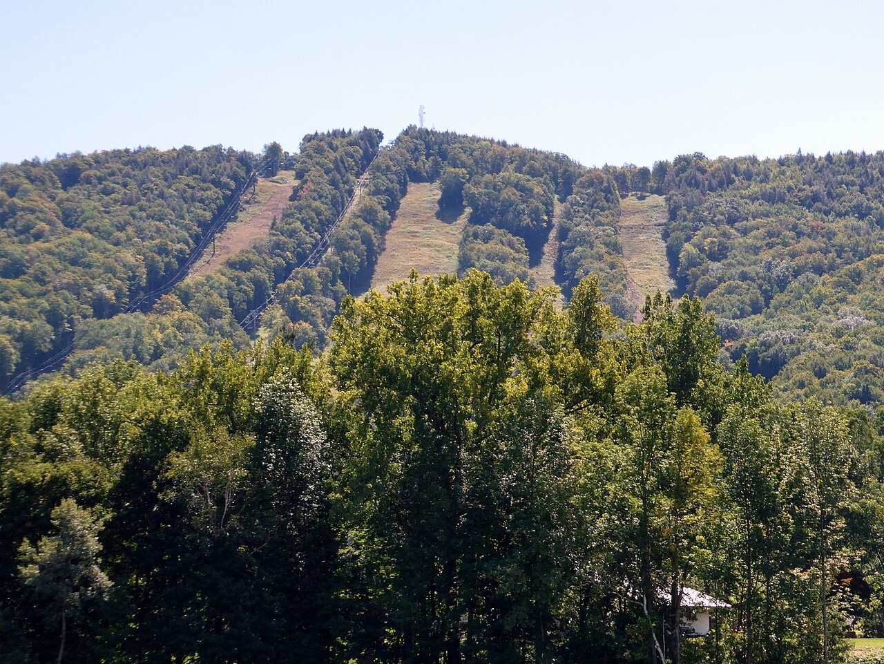Ski trails cut through the September forest at Berkshire East above Charlemont