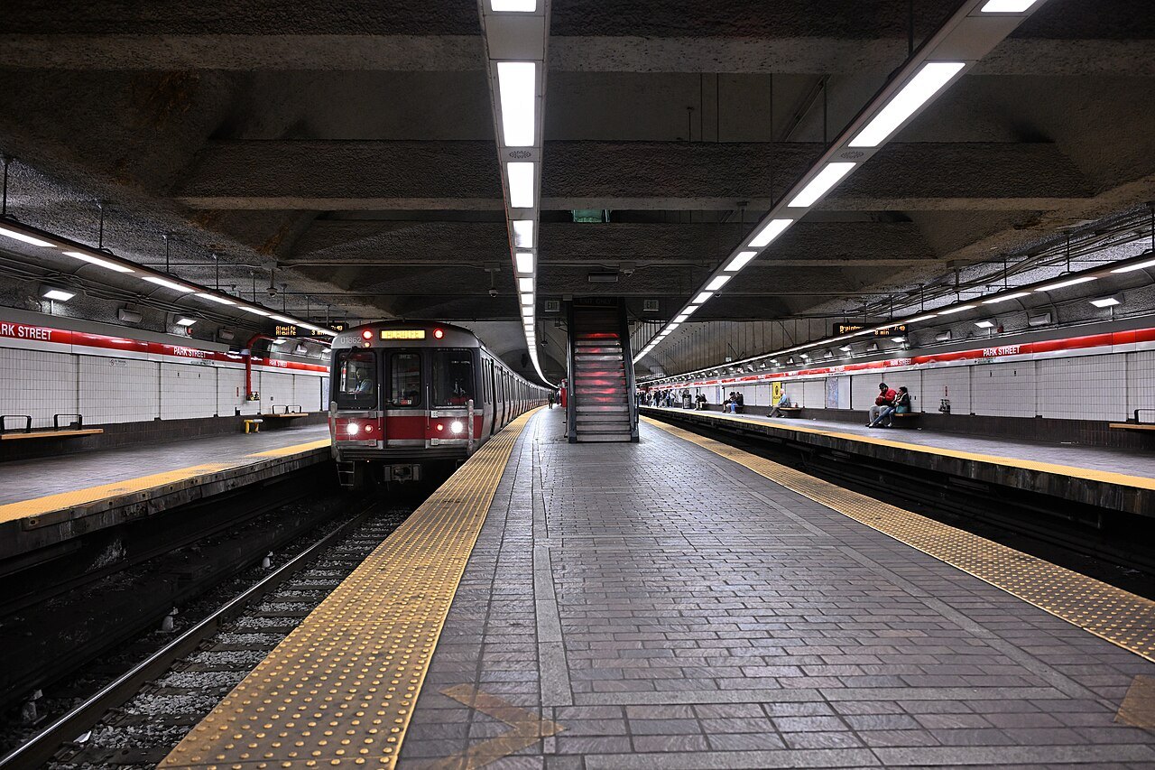 A Red Line train arriving at Park Street
