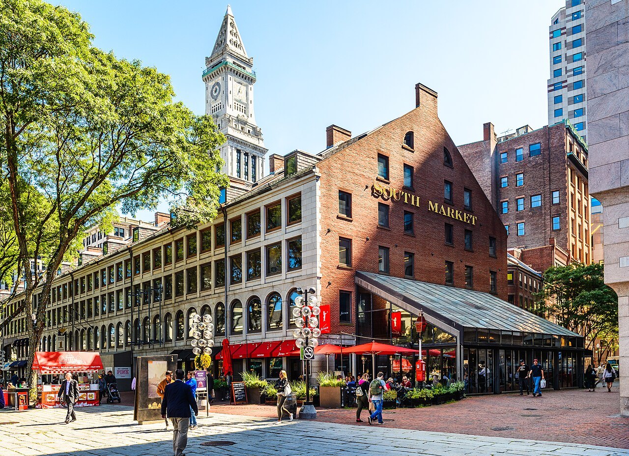 The South Market building behind Faneuil Hall, with the Custom House tower beyond
