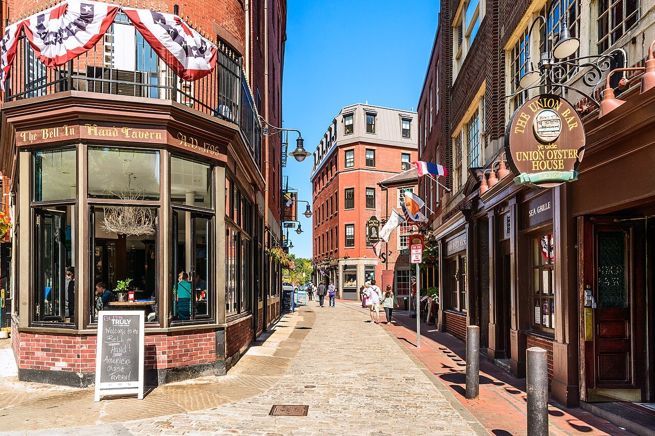Bunting over the corner of Marshall and Union Streets, in the old lanes behind Faneuil Hall