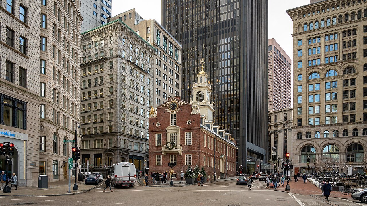 The Old State House of 1713, hemmed in by the office towers of downtown Boston