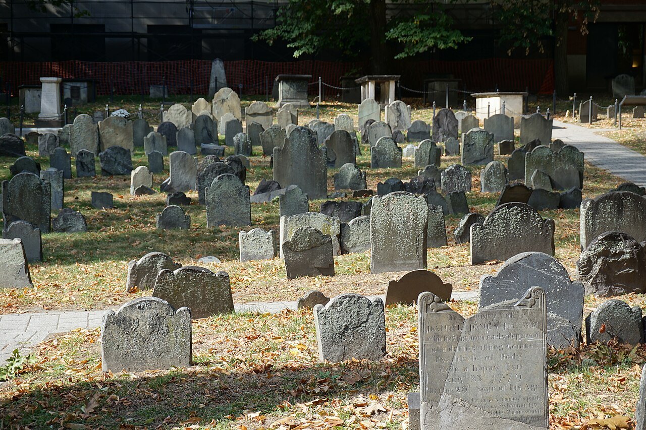 Weathered slate headstones in the Granary Burying Ground beside Park Street