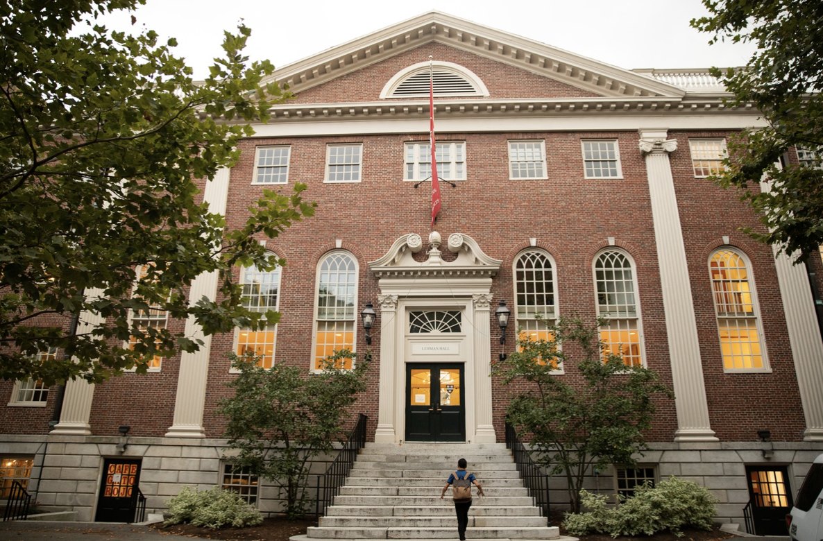 Lehman Hall on the edge of the Yard, its columned doorway under arched windows