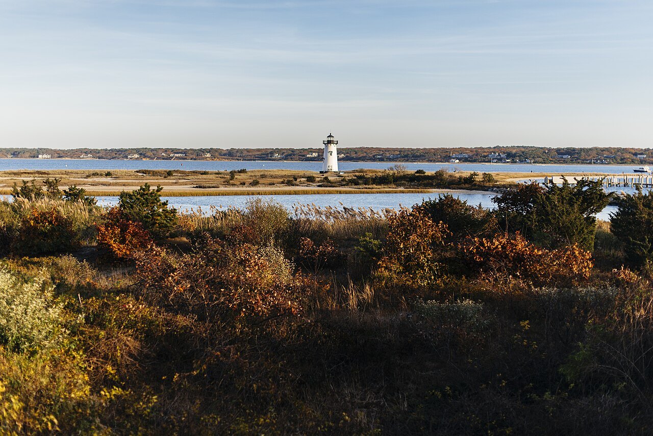 Edgartown Light across the salt marsh at the mouth of the harbor