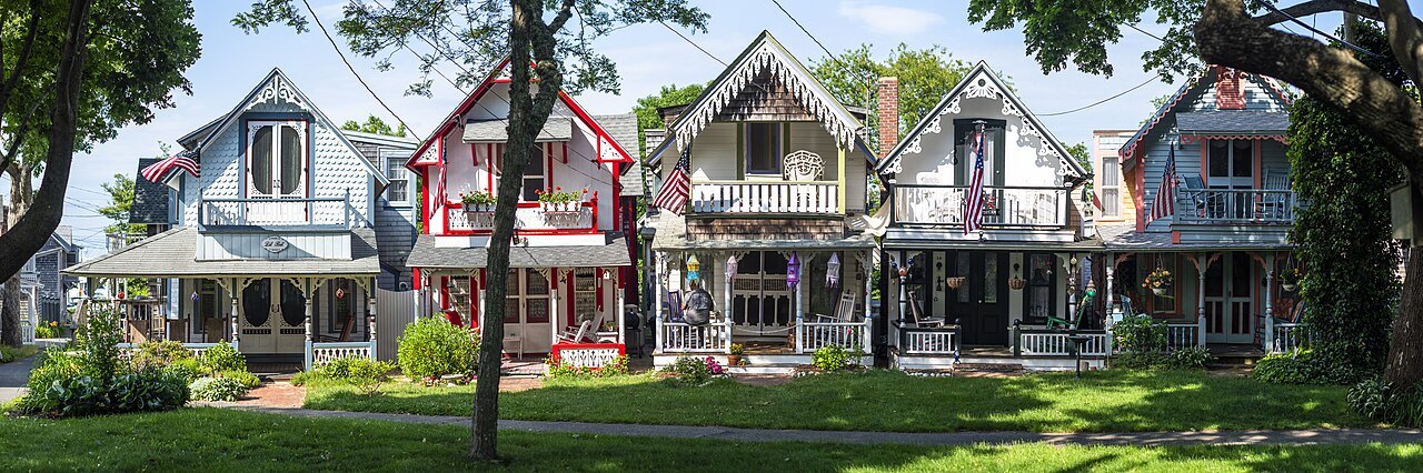A row of painted gingerbread cottages in the old campground at Oak Bluffs