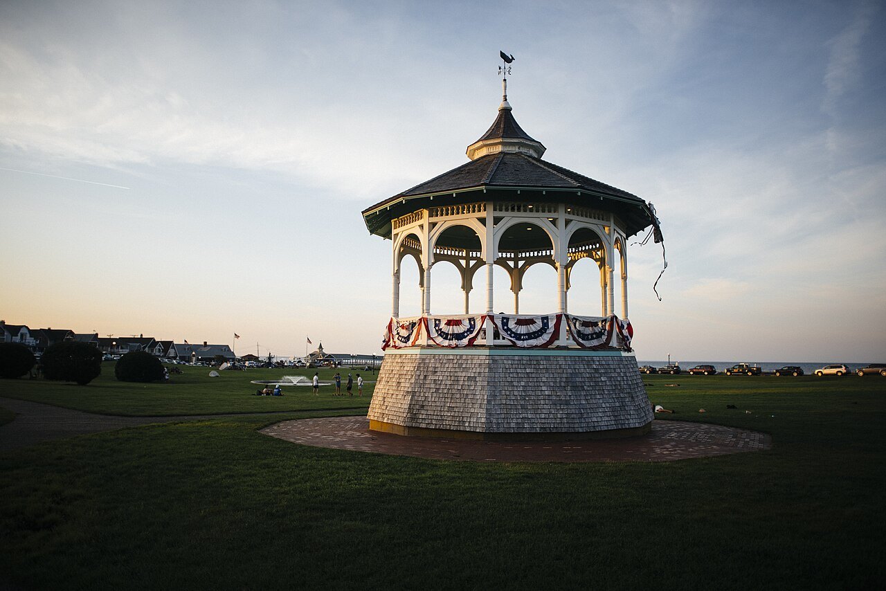 The Oak Bluffs bandstand hung with red, white and blue bunting at dusk