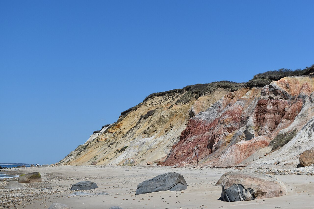The banded red, white and gray clay of the Aquinnah cliffs above the beach