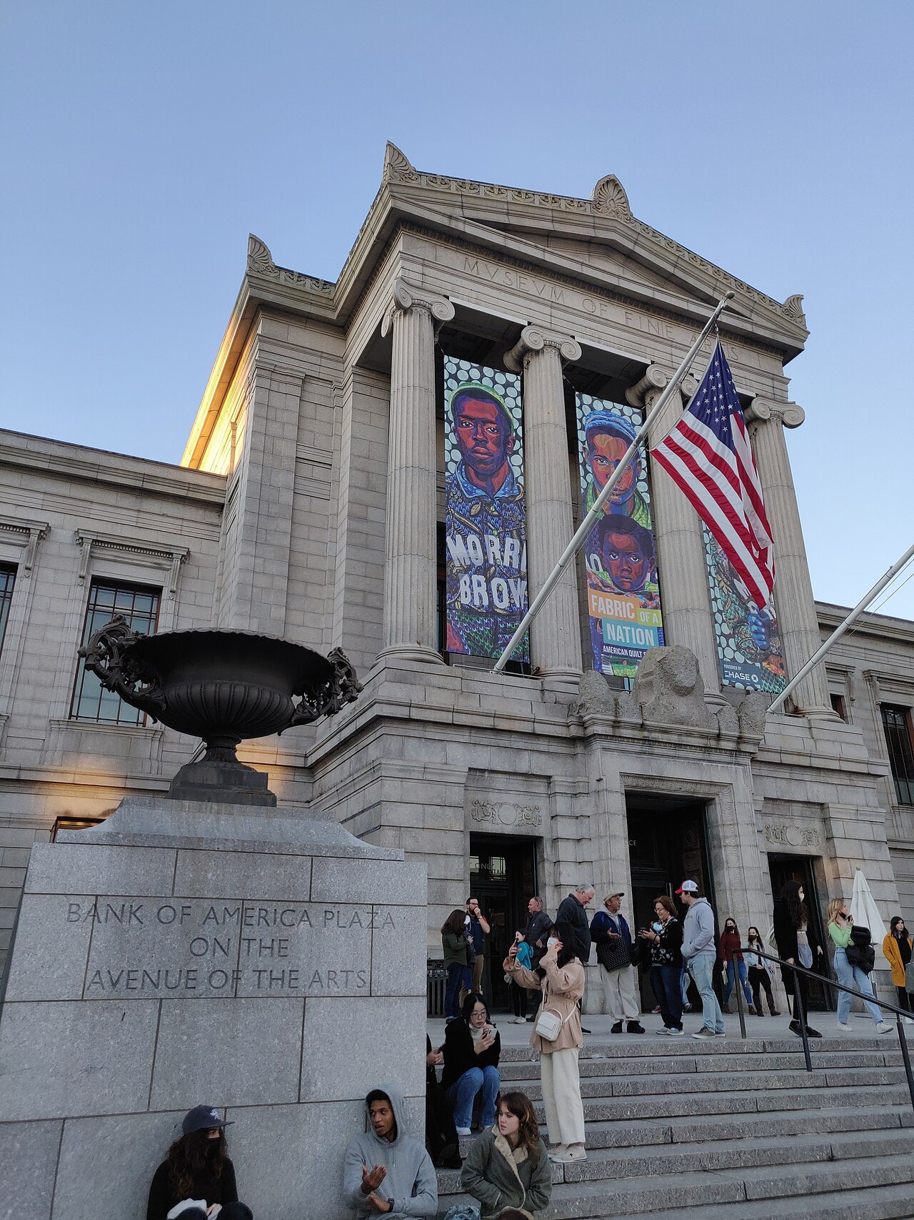 Banners and the flag over the steps of the Huntington Avenue entrance