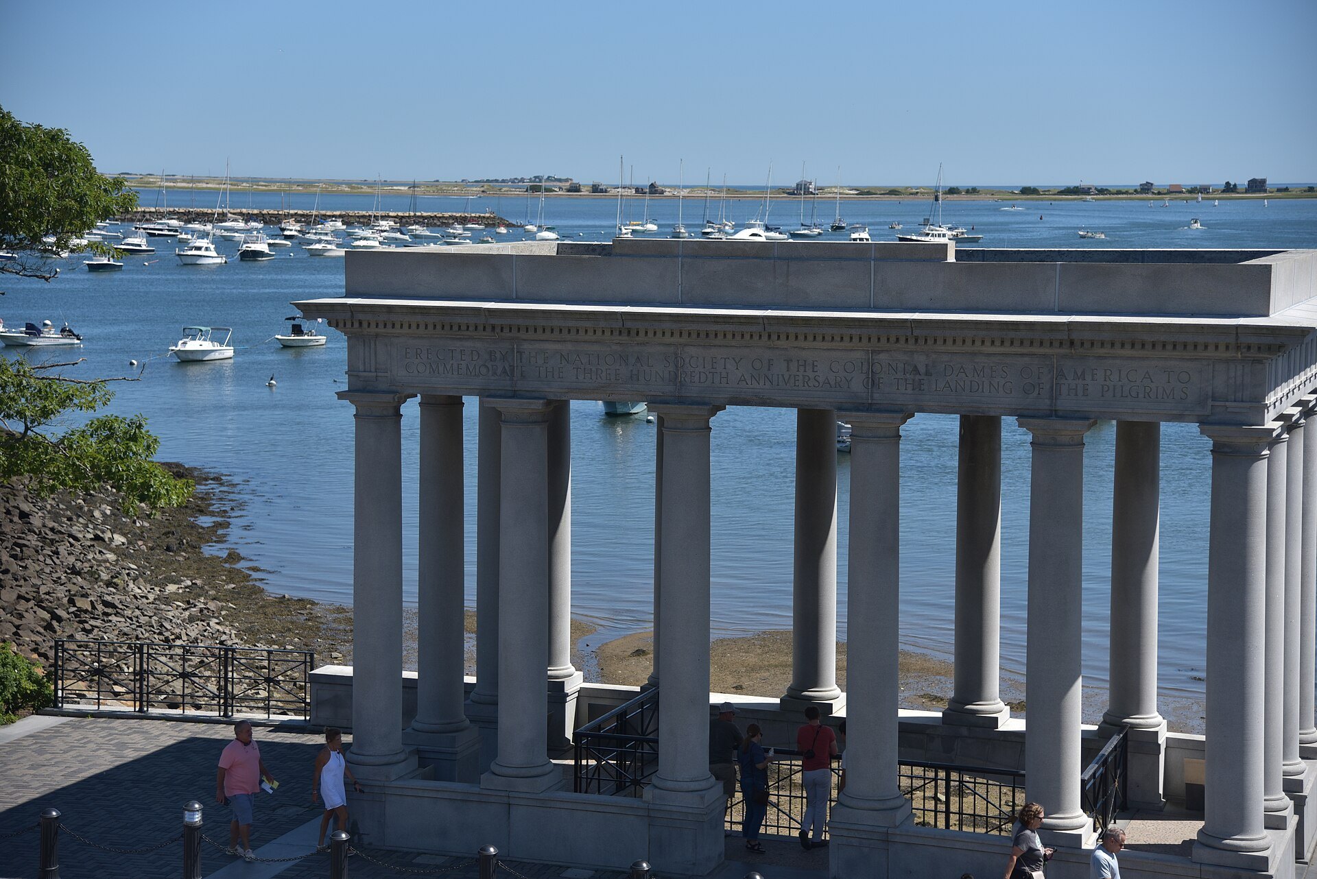 The granite portico over Plymouth Rock, looking out to the harbor
