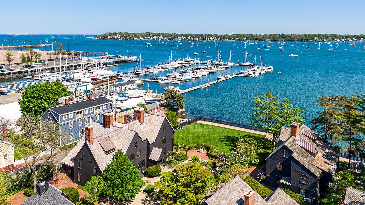 The House of the Seven Gables by Salem Harbor, seen from the air with the marina beyond