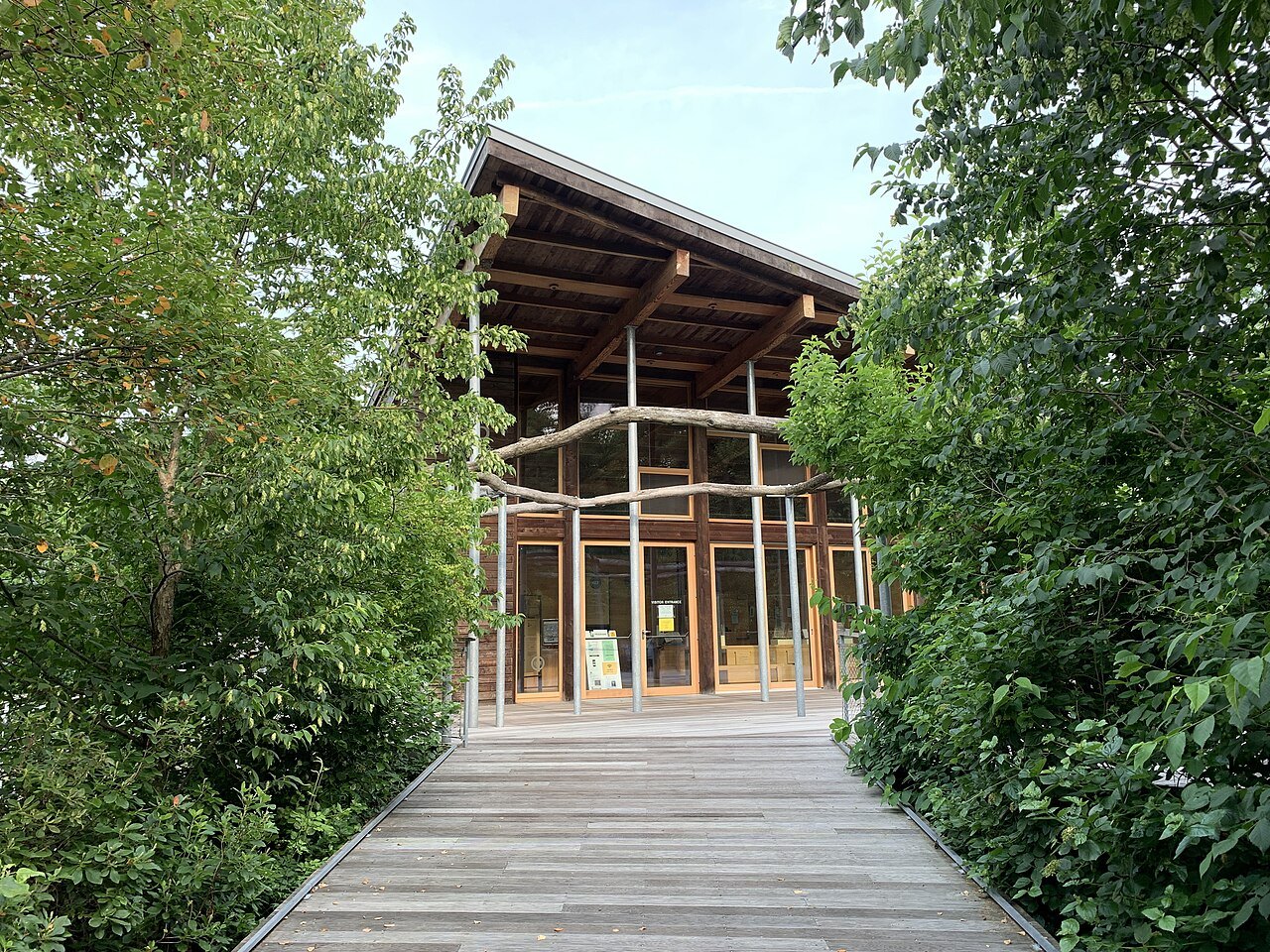 The timber visitor center at the entrance to the reservation
