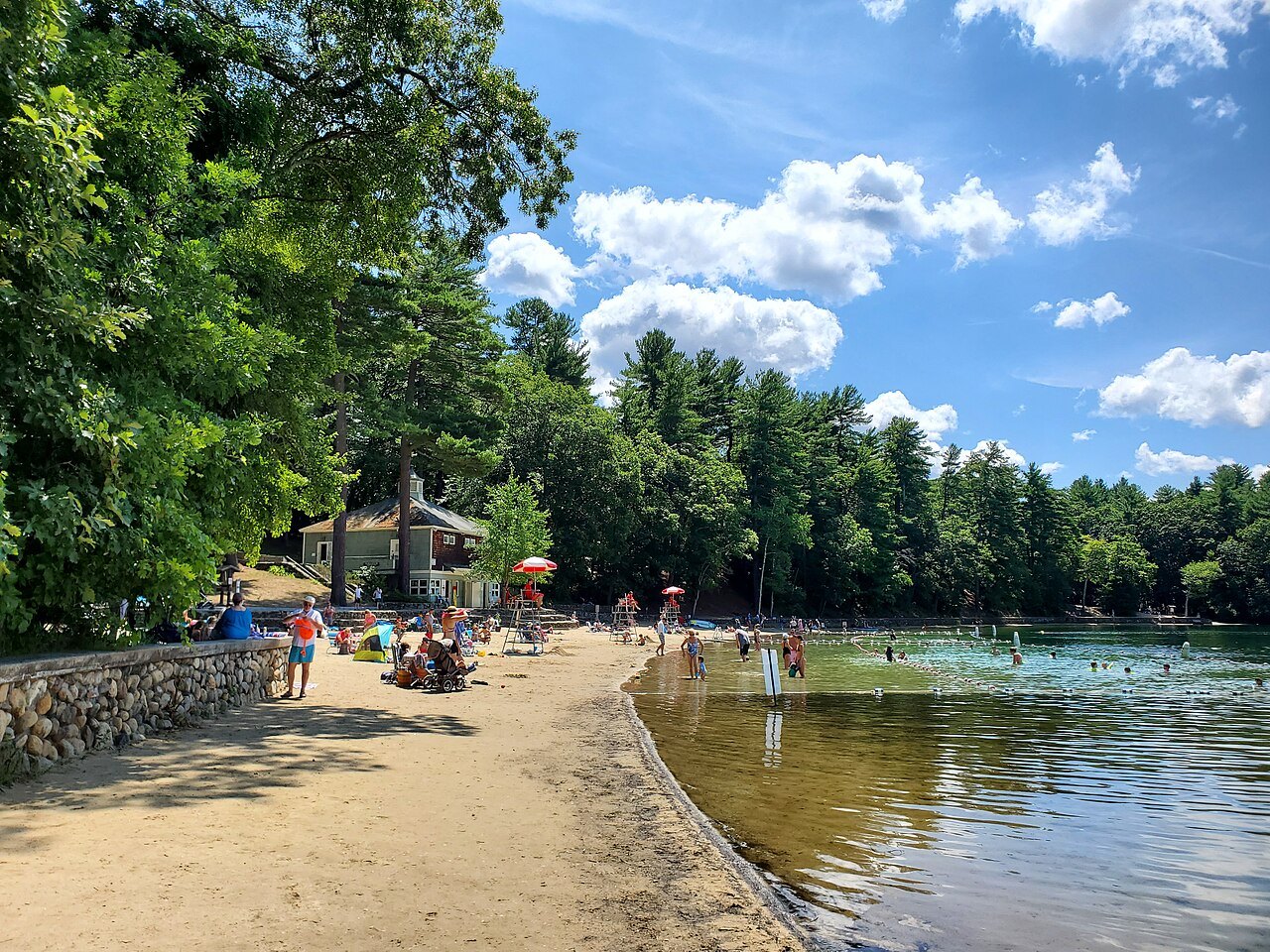 The main beach on a summer day, swimmers in the shallows